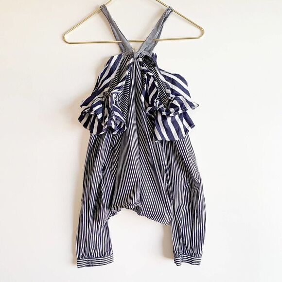 J Crew Sz 2 Striped off-the-shoulder tie-neck Top Navy White H0956. - Picture 1 of 5